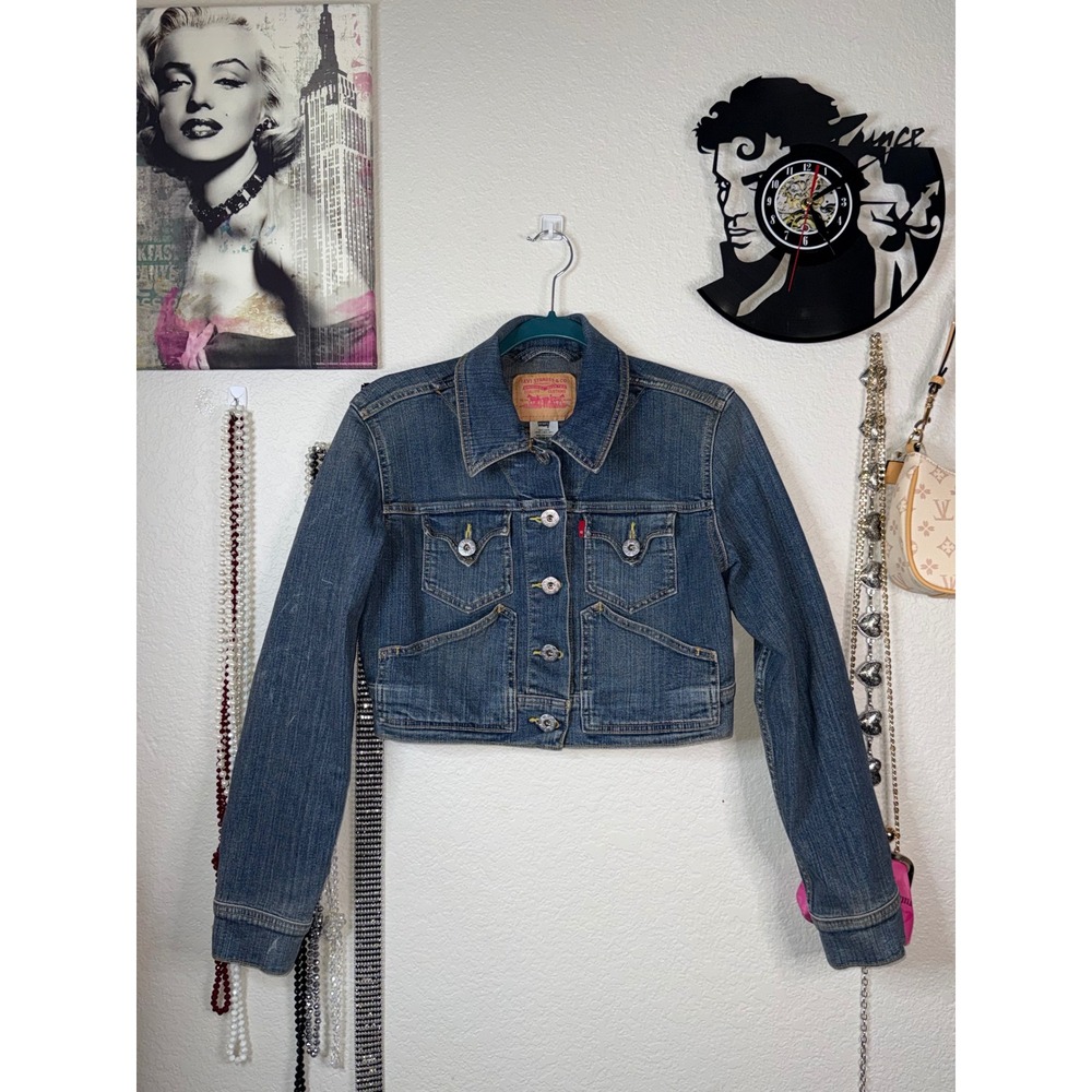 Vintage Y2K Levi's Cropped Denim Jacket Stretch Trucker Blank Red Tab Womens L